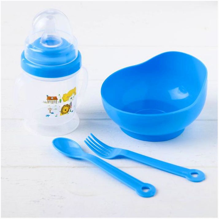 Картинка Набор посуды, 4 предмета: миска 300 мл, бутылочка 180 мл, ложка, вилка, цвета МИКС (№2293759) от магазина Мир детей Товары для Новорожденных